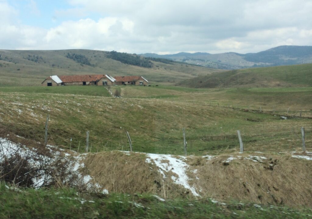 Zlatibro, domaćinstvo i planina u pozadini, Velika livada, polje